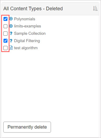 Checkboxes for some items listed under the Deleted pane are checked.
